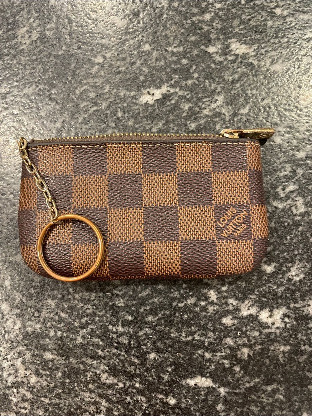 Louis Vuitton Dupe Brown Damier Canvas Key Pouch with Gold Ring